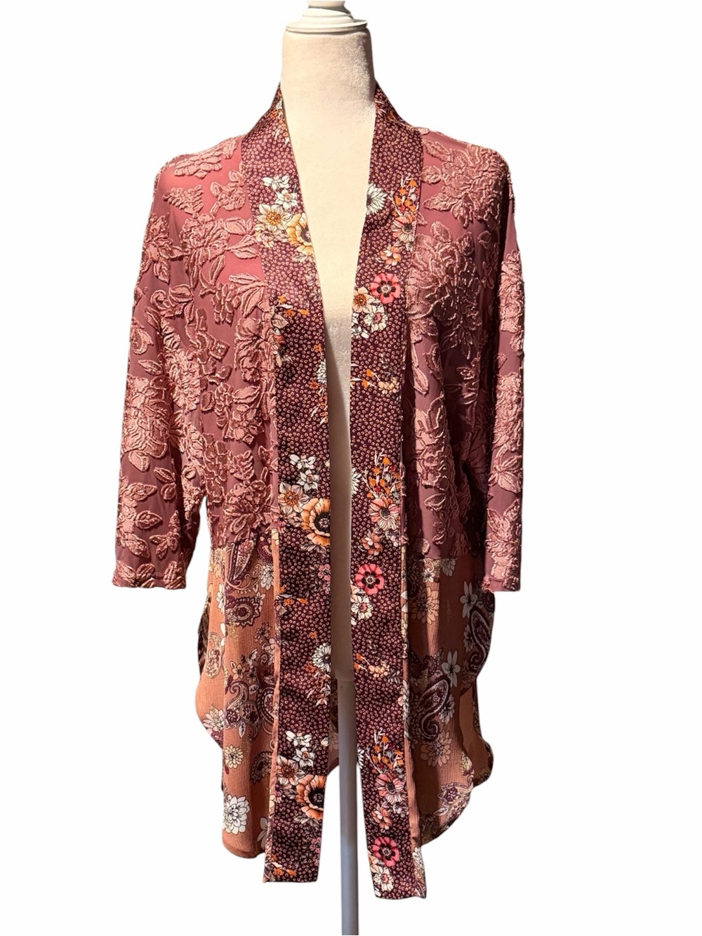 Ivy Jane Floral Open Front Mixed Media Kimono with Velvet Burnout Festival Artsy
